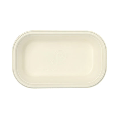 A rectangular, white PAPSTAR Gastronorm container GN 1/4 made of compostable sugarcane fibers from PAPSTAR GmbH, viewed from above on a white background.