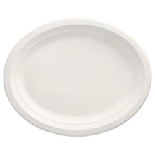 The PAPSTAR 12 plates made of sugarcane "pure", oval by PAPSTAR GmbH are a sustainable choice for any occasion - practical disposable tableware, photographed on a white background.