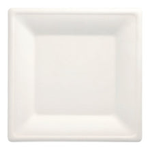 The PAPSTAR 12 sugarcane plates "pure" square, white by PAPSTAR GmbH is a white, square plate with a slightly raised edge. Made from sugarcane, its eco-friendly design is ideal for modern, environmentally conscious households.