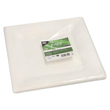 A pack of 12 square white disposable plates from PAPSTAR "pure" made from eco-friendly sugarcane is wrapped in clear plastic and features a green and white label on top with product details from PAPSTAR GmbH.