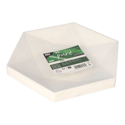 Cairn de phlátaí heicseagánacha bán PAPSTAR Siúcra "pure" 6-thaobhach (25 píosa, neamhdhíobhálach don chomhshaol) ón PAPSTAR GmbH, le lipéad glas-bán le faisnéis táirge agus cód barra ar an mbarr.