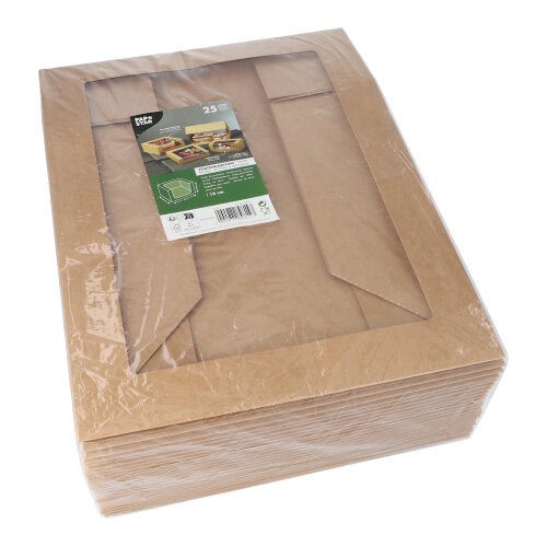 Ein Stapel PAPSTAR 25 Tortenkartons mit Deckel, eckig mit Sichtfenster aus PLA von PAPSTAR GmbH, umweltfreundlich und in Folie verpackt. Obenauf ein grün-weißes Produktetikett mit Bildern und Text.