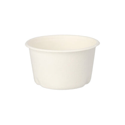 A small, white PAPSTAR 50 sugarcane soup cup "pure" from PAPSTAR GmbH is shown empty against a white background. Made from biodegradable material, it is ideal for serving sauces or spices.