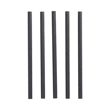 Five black cylindrical PAPSTAR 100 shake straws paper Ø 10 mm · 21 cm from PAPSTAR GmbH stand upright in a row against a white background - ideal for environmentally conscious hosts.