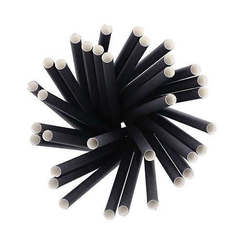 A top view of the circularly arranged PAPSTAR 100 shake straws paper Ø 10 mm · 21 cm from PAPSTAR GmbH - biodegradable black paper drinking straws with a white interior, ideal for environmentally conscious hosts and sustainable shake enjoyment.
