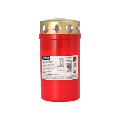 A Starpak grave light with gold lid Ø 6.4 cm · 12.5 cm with cover from Starpak stands upright on a plain white surface, with a gold-colored lid and product label. Ideal for the cemetery.