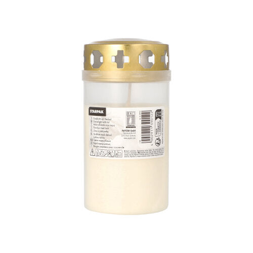 The Starpak grave light with gold lid Ø 6.4 cm · 12.5 cm with cover is a white grave candle in a translucent container with cross-shaped cutouts in the golden lid, labeled with product information - ideal for use in the cemetery.