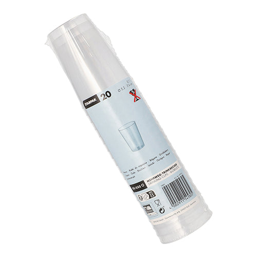 Pacáiste plaisteach le 20 cupán deochanna in-athúsáidte Starpak, PP, 0.1 l, Ø5.2 cm × 7.4 cm, trédhearcach agus do-bris, le lipéad le sonraí táirge, léaráid cupáin, barrachóid agus siombailí athchúrsála.