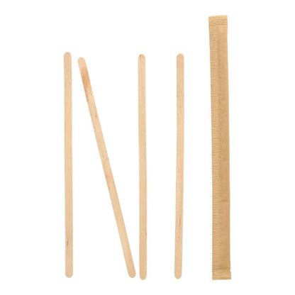 Four PAPSTAR wooden stir sticks "pure" 17.8 cm stand upright, one leans diagonally, next to it lies a single stir stick wrapped in foil - all from PAPSTAR GmbH on a white background.