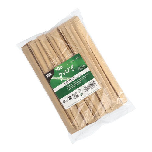 A transparent plastic bag contains 100 PAPSTAR wooden stir sticks "pure" 17.8 cm, individually wrapped in foil, each with a green-white PAPSTAR GmbH label on the front.