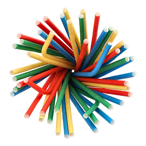 Eine Draufsicht auf buntes PAPSTAR Shake-Halme Papier (Ø 8 mm, 25 cm, farbig sortiert, flexibel, 100 Stück) der PAPSTAR GmbH, angeordnet in einem kreisförmigen Bündel mit offenen roten, blauen, grünen und gelben umweltfreundlichen Strohhalmen auf Weiß.