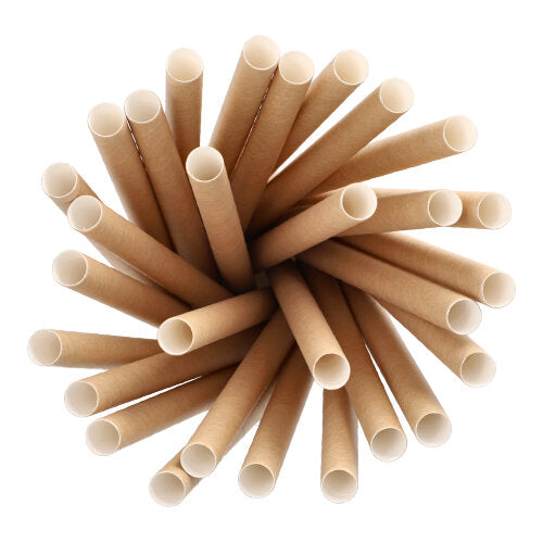 Top view of the PAPSTAR bubble tea straws "pure" (Ø 12 mm, 20 cm, brown, environmentally friendly | foil, 200 pieces) from PAPSTAR GmbH arranged in a circular pattern on a white background.