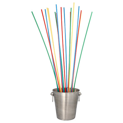 In a metal bucket, there are several PAPSTAR Maxi Paper Straws - 80 cm long, colorful paper straws (Ø 6 mm) by PAPSTAR GmbH - standing upright.