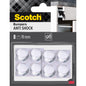Eine Einzelhandelspackung Scotch® Stoßabsorbierende Elastikpuffer, selbsthaftend, transparent (8 klare runde Puffer, 19 mm) der 3M Deutschland GmbH, abgebildet mit Produktbranding und einem Puffer auf einer Schranktür.
