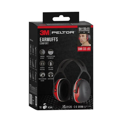 Depicted is a black and red box of the 3M™ PELTOR™ Comfort Earmuffs from 3M Deutschland GmbH with an image of the earmuffs, product details, SNR 33 dB, and a small photo of a wearer on the front.