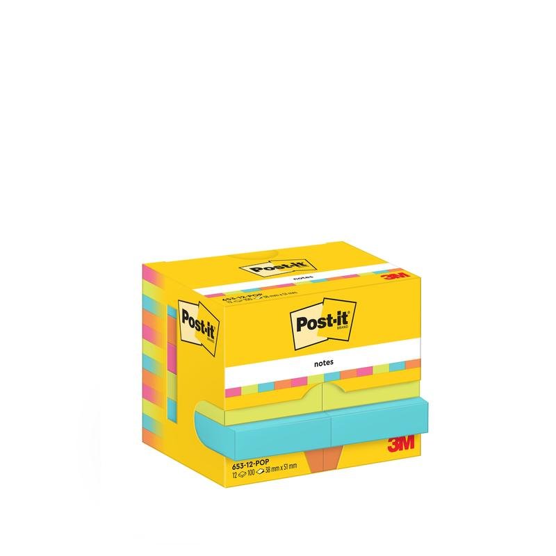 A yellow box of Post-it® Notes from the Poptimistic Collection by 3M Deutschland GmbH contains 12 blocks of 100 sheets (38 mm x 51 mm), has colorful edges, and is PEFC-certified in a cardboard packaging (SGSCH-PEFC-COC-110078).