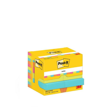 A yellow box of Post-it® Notes from the Poptimistic Collection by 3M Deutschland GmbH contains 12 blocks of 100 sheets (38 mm x 51 mm), has colorful edges, and is PEFC-certified in a cardboard packaging (SGSCH-PEFC-COC-110078).