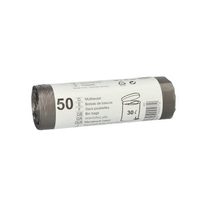 A roll with 50 gray Starpak HDPE garbage bags (30 l, 60 x 50 cm) is delivered with a white band with product information and an image of an open garbage bag.
