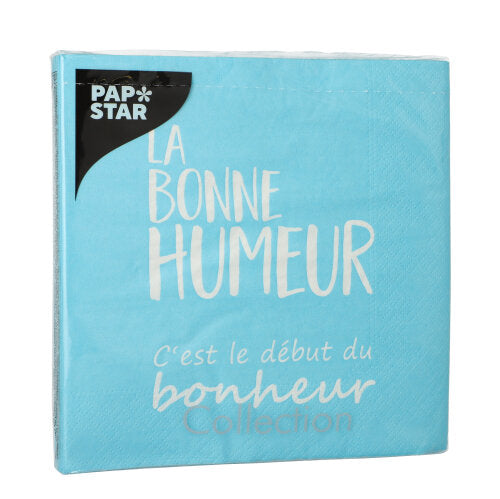 A blue package of PAPSTAR 20 napkins, 33x33 cm, 3-ply, with "La bonne humeur c'est le début du bonheur Collection" in white and the logo of PAPSTAR GmbH at the top left.