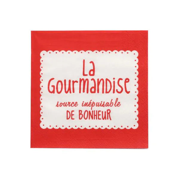 PAPSTAR 20 Servietten, 33x33 cm, 3-lagig, rot: Rote Servietten mit weißer Mitte und französischem Aufdruck "La Gourmandise source inépuisable DE BONHEUR" in Rot. Hochwertige Qualität von PAPSTAR GmbH - ideal für besondere Anlässe.
