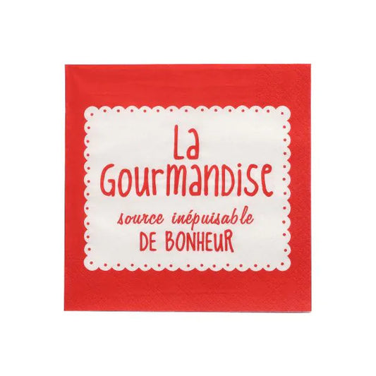 PAPSTAR 20 Servietten, 33x33 cm, 3-lagig, rot: Rote Servietten mit weißer Mitte und französischem Aufdruck "La Gourmandise source inépuisable DE BONHEUR" in Rot. Hochwertige Qualität von PAPSTAR GmbH - ideal für besondere Anlässe.