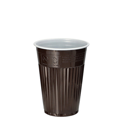 Der Starpak 100 Thermo-Automatenbecher (PS, 0,18 l, Ø 7,03 cm, 9 cm) in Braun/Weiß mit geriffelter Außenseite und glatter Innenseite steht aufrecht – ideal, um Getränke unterwegs warm zu halten. Lieferung im 100er-Pack.