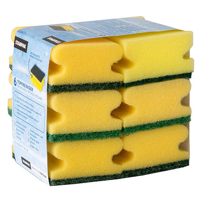 Pacáiste le 6 spúinse glantacháin cearnógacha Starpak (4,1x9,5x6,8 cm), buí/uaine le greim le haghaidh greim níos fearr, cruachta agus pacáilte i mbanna. Foirfe le haghaidh scuabadh, ó bhranda Starpak.