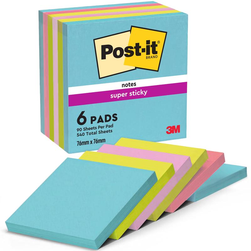 A pack of 3M Post-it® Super Sticky Notes (76mm x 76mm), 6 blocks with 90 sheets each (540 total), color-sorted, 100% PEFC certified.