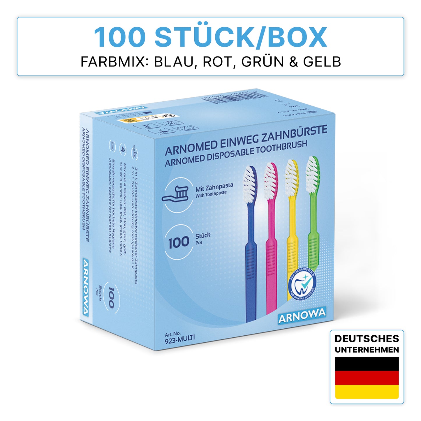 Eine Schachtel mit 100 ARNOMED Einweg Zahnbürsten mit Zahnpasta von ARNOWA GmbH in den Farben blau, rot, grün und gelb mit deutsch/englischem Text und einer deutschen Flagge, um die Herkunft als deutsches Unternehmen zu zeigen.