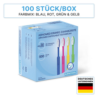 Eine Schachtel mit 100 ARNOMED Einweg Zahnbürsten mit Zahnpasta von ARNOWA GmbH in den Farben blau, rot, grün und gelb mit deutsch/englischem Text und einer deutschen Flagge, um die Herkunft als deutsches Unternehmen zu zeigen.