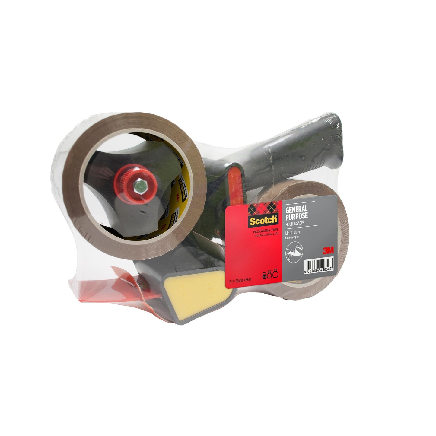 Tá an dáileoir 3M le greim piostail ina bhfuil dáileoir dubh-dearg le lipéad liath chomh maith le dhá rolla de théip ghreamaitheach ilchuspóireach Scotch® ciúin, donn (50 mm x 66 m) agus tá sé pacáistithe go bunaidh.