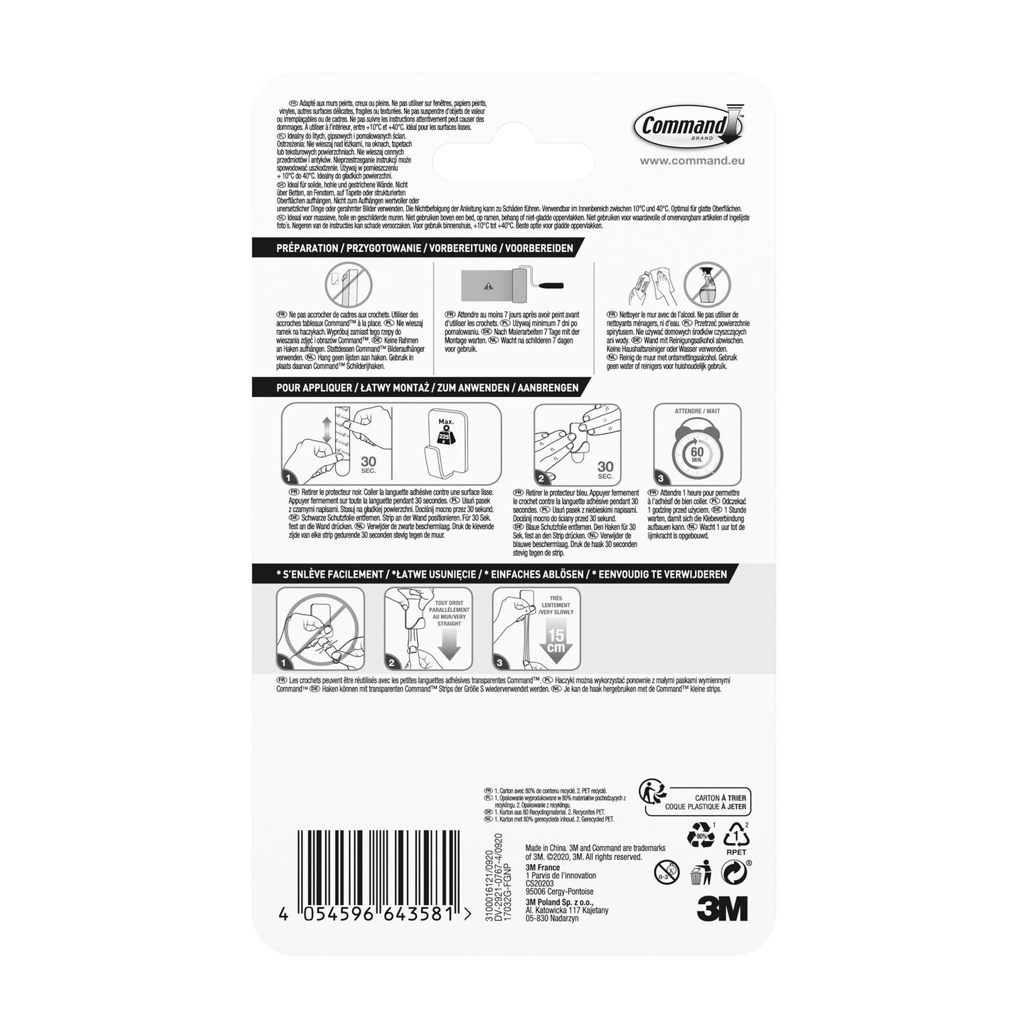 Backside of a Command™ Metal Hook Size S, gold color (4 hooks, 5 strips) package from 3M Deutschland GmbH with illustrated instructions, multilingual safety information, product details, barcodes - perfect for your adhesive hook needs.