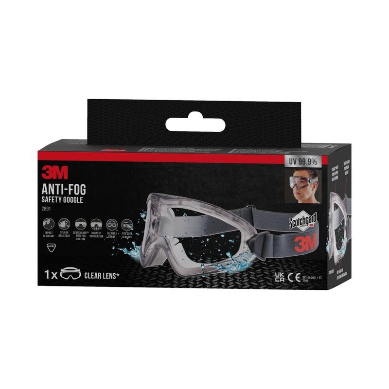 Pictured is a black-red box of 3M™ Safety Glasses 2891 with Scotchgard™ Protector Anti-Fog from 3M Deutschland GmbH with glasses motif, water splash graphic, 3M logo, clear lens, and UV 99.9%.
