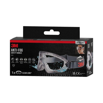Pictured is a black-red box of 3M™ Safety Glasses 2891 with Scotchgard™ Protector Anti-Fog from 3M Deutschland GmbH with glasses motif, water splash graphic, 3M logo, clear lens, and UV 99.9%.