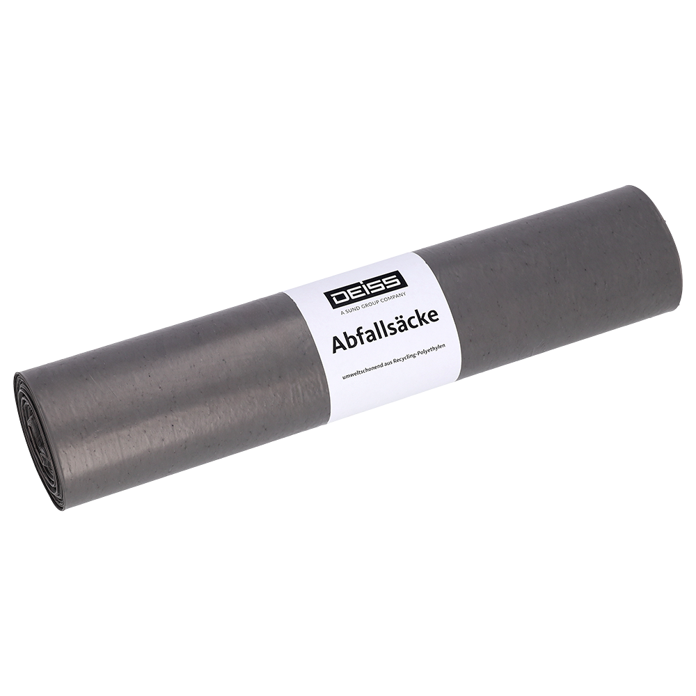 Pictured is a roll of EMIL DEISS KG (GmbH + Co.) DEISS 94007 gray garbage bags (660x800x0.05 mm, 25 pieces) with a white "DEISS Garbage Bags" label on a plain white background.