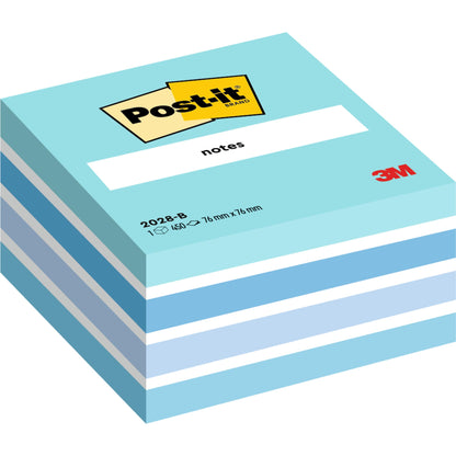 Ein Stapel Post-it® Notes Würfel (76 mm x 76 mm, 450 Blatt/Block, 100% PEFC) der 3M Deutschland GmbH zeigt abwechselnd weiße und blaue Blätter mit dem Post-it-Logo und "notes" auf der Oberseite.