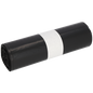 Abgebildet ist eine Rolle EMIL DEISS KG (GmbH + Co.) DEISS 95005 Müllbeutel, 200+180x540 mm Typ 70 schwarz (25 Stück), gesichert mit einem einfachen weißen Papierband, auf weißem Hintergrund.