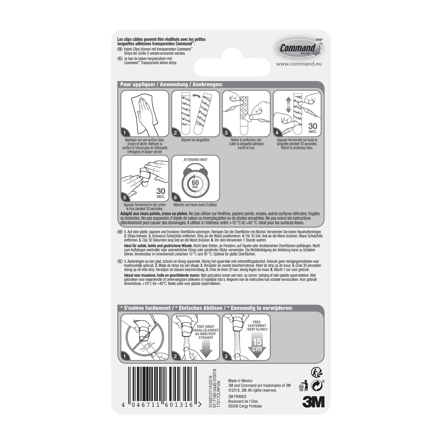 On the back of the 3M Command™ transparent clips for round cables, 17017CLR (4 clips + 5 strips) from 3M Deutschland GmbH, there are black-and-white diagrams and multilingual instructions for applying and removing adhesive strips.