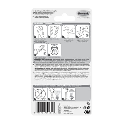 On the back of the 3M Command™ transparent clips for round cables, 17017CLR (4 clips + 5 strips) from 3M Deutschland GmbH, there are black-and-white diagrams and multilingual instructions for applying and removing adhesive strips.