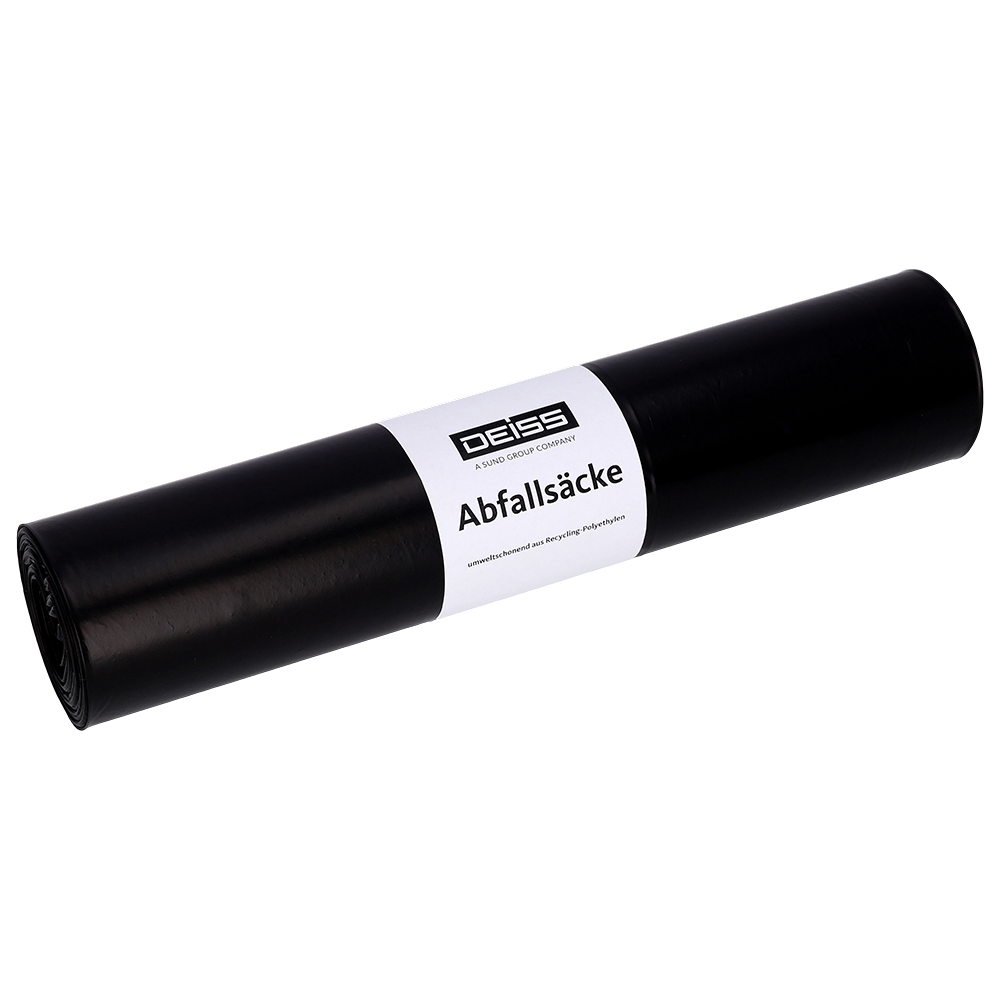 Pictured is a roll of DEISS 95036 black garbage bags (500+400x1100 mm, Type 60, 25 bags/roll) from EMIL DEISS KG (GmbH + Co.) with a white label against a light background.
