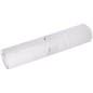 A rolled-up EMIL DEISS KG garbage bag (DEISS 96030 - 400+200x700x0.035 mm white, roll with 50 pieces) is attached with transparent tape and a small metal key ring against a plain white background.