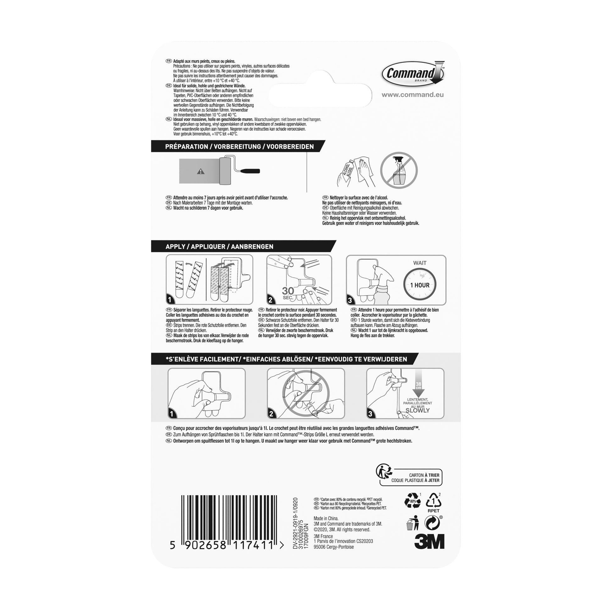 Die Command™ Sprühflaschenaufhänger 17009 Packung (1 Stück) von 3M Deutschland GmbH verfügt über eine bebilderte Schritt-für-Schritt-Anleitung, Sicherheitssymbole, mehrsprachigen Text, einen Barcode und das 3M Logo auf der Rückseite der Verpackung.