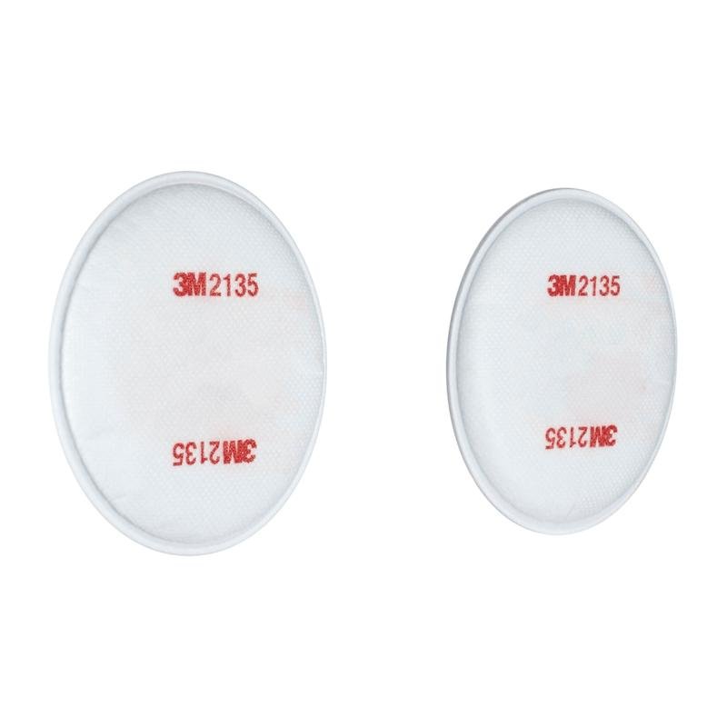 Pictured are two round, white 3M™ Particulate Filters 2135, P3 (1 pair/pack) from 3M Deutschland GmbH with red lettering on a white background.