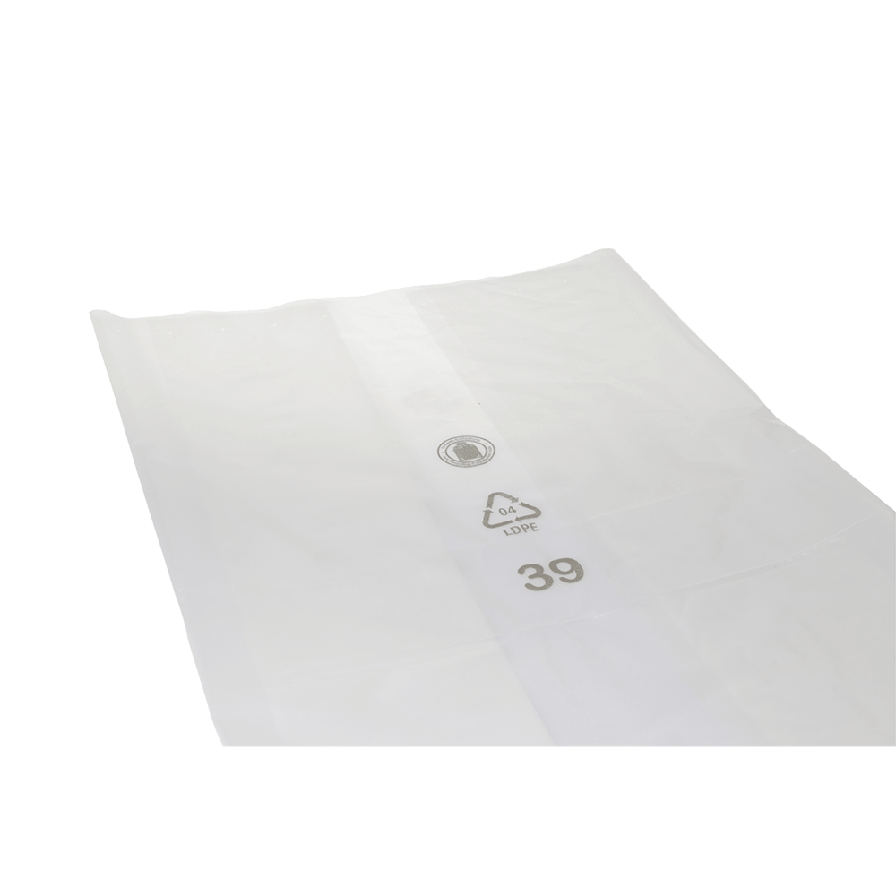 Transparent DEISS PREMIUM garbage bag 240 liters from EMIL DEISS KG with recycling symbols, the number 39, and the imprint "04 LDPE" in black on a white background.