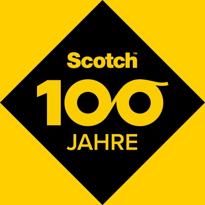 A black diamond on yellow shows "Scotch 100 Years" in yellow, with zeros as infinity signs - celebrating the Scotch® Transparent Tape 550, 19 mm x 66 m, pack of 8 rolls, from 3M Deutschland GmbH, in its iconic design.