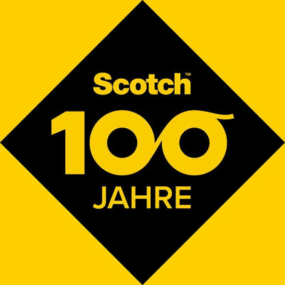 A beige diamond on a yellow background shows "Scotch® Extra Soft Felt Pads, self-adhesive" from 3M Deutschland GmbH, with the "100" in "Scotch 100 Years" stylized as an infinity symbol.