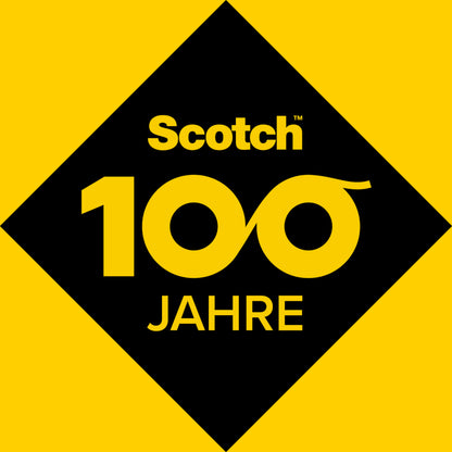 Eine schwarze Raute mit gelber Aufschrift "Scotch 100 JAHRE" - die Nullen als Unendlichkeitssymbol - erscheint auf gelbem Hintergrund für Scotch™ Extreme Verschlüsse, Transparent (25 mm x 1,2 m, 2 Rollen) von 3M Deutschland GmbH und feiert Stärke und Innovation.