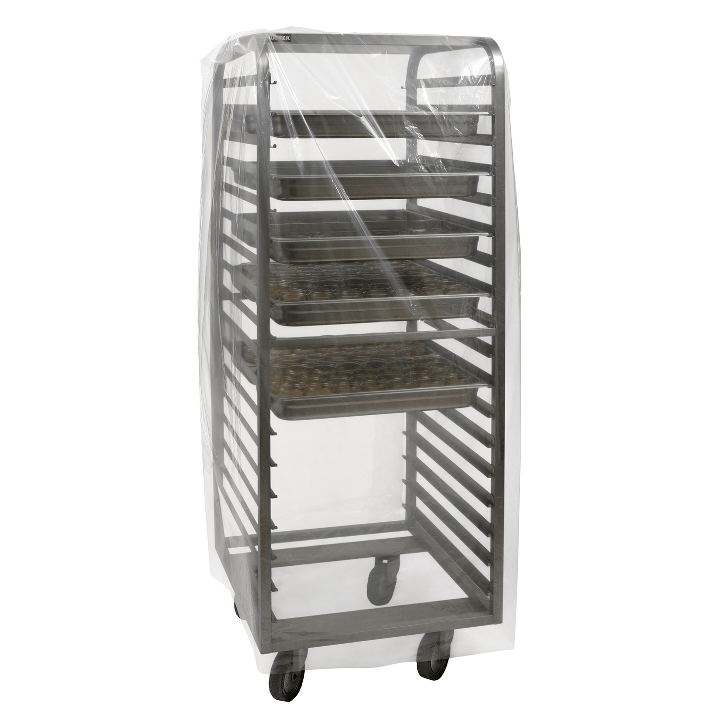 Pictured is an empty metal baking rack on wheels, covered with the DEISS 99823 rack covers (950+750x1800x0.025 mm) from EMIL DEISS KG - the transparent cover provides hygienic protection and is ideal for industrial use.