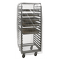 Pictured is an empty metal baking rack on wheels, covered with the DEISS 99823 rack covers (950+750x1800x0.025 mm) from EMIL DEISS KG - the transparent cover provides hygienic protection and is ideal for industrial use.