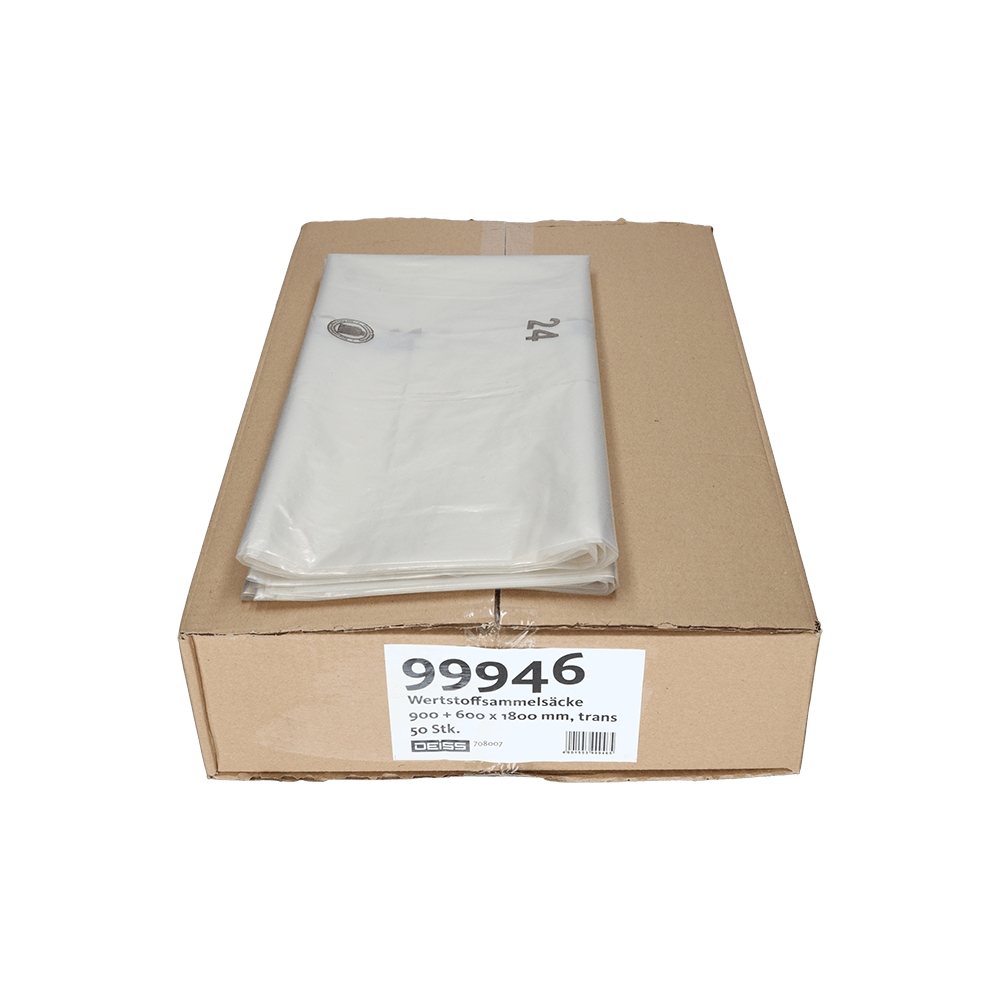 A box of EMIL DEISS KG (GmbH + Co.) DEISS 99946 Type 80 transparent garbage bags, 900+600x1800 mm, box with 50 rolls, is presented on a plain white background.